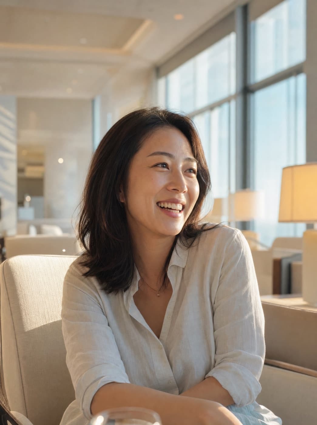 빛이 드는 라운지에서 자연스럽게 웃는 사람